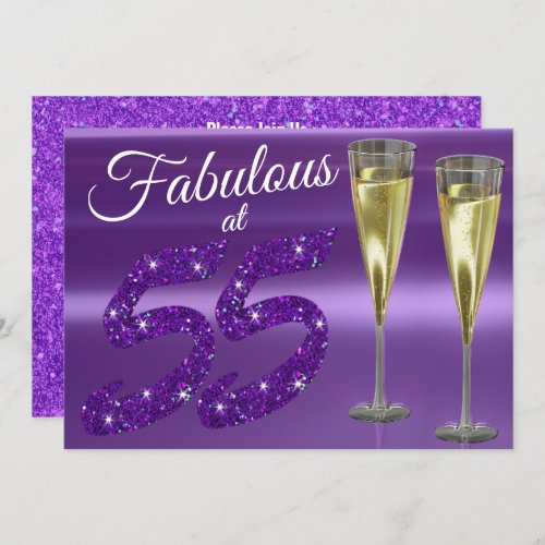 Fabulous at 55 Girly Birthday Purple Glitter Party Invitation