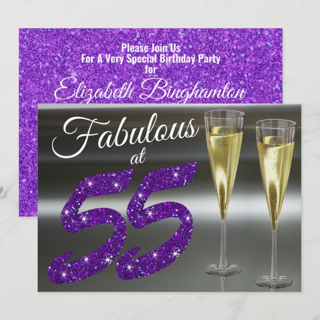 Fabulous at 55 Girly Birthday Purple Glitter Party Invitation (Front/Back)