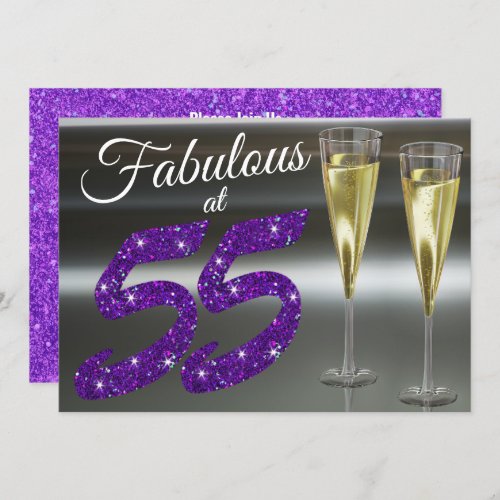 Fabulous at 55 Girly Birthday Purple Glitter Party Invitation
