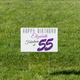 Fabulous at 55 Happy Birthday Purple Glitter Sign