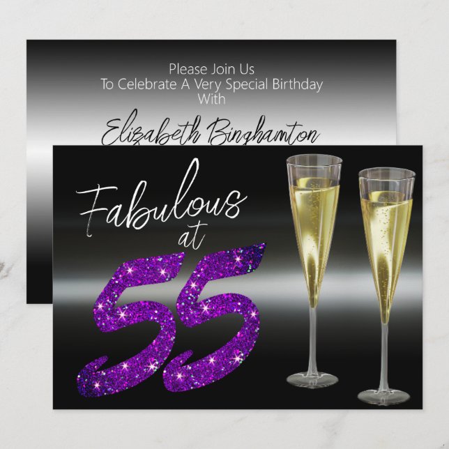 Fabulous at 55 Purple Glitter Elegant Party Invitation (Front/Back)