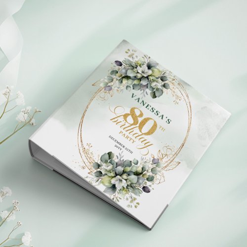 Fabulous at 80 Watercolor Greenery Gold Album 3 Ring Binder