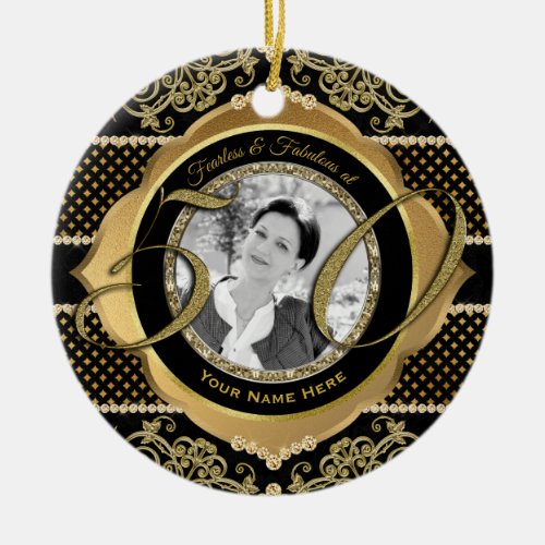 Fabulous at Fifty Gold Diamonds Black Photo Frame Ceramic Ornament