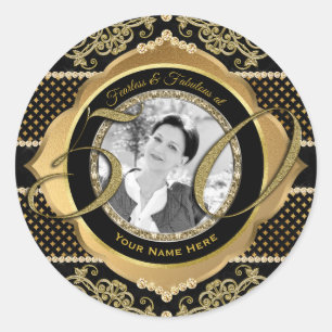 Fabulous at Fifty Gold Diamonds Black Photo Frame Classic Round Sticker