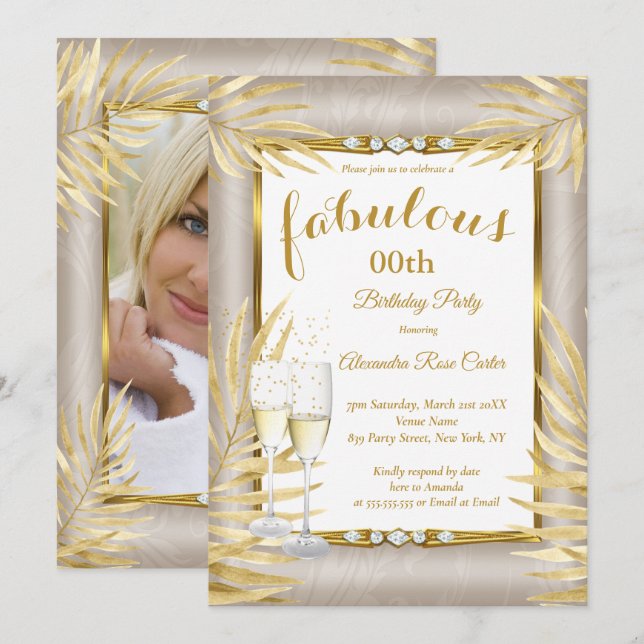 Fabulous Beige Gold Palms Champagne Party Invitation (Front/Back)