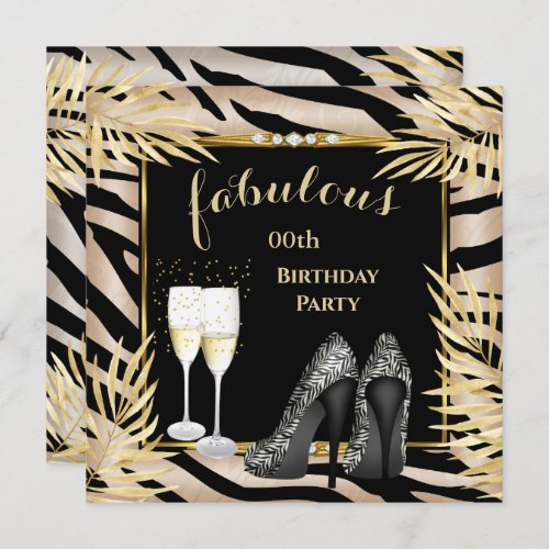 Fabulous Beige Gold Palms zebra Champagne Party Invitation