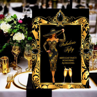 Fabulous Birthday Black Gold Damask Champagne Invitation