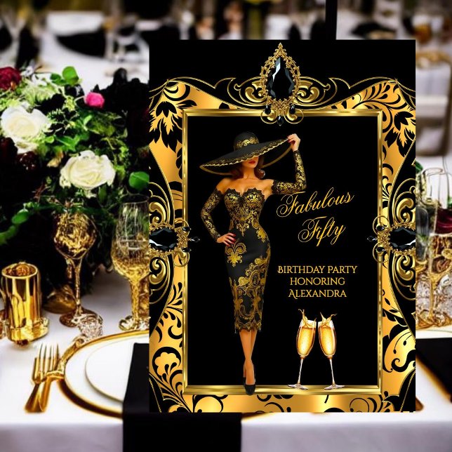 Fabulous Birthday Black Gold Damask Champagne Invitation (Creator Uploaded)