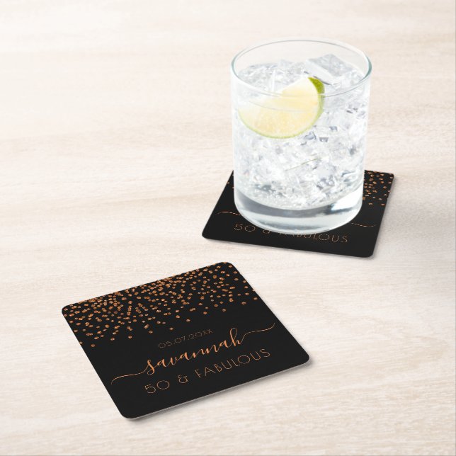 Fabulous birthday black gold monogram square paper coaster (Insitu)