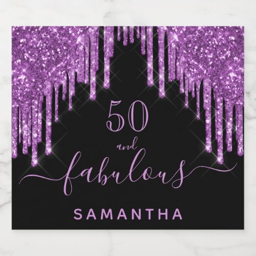 Fabulous birthday black purple glitter elegant 50 sparkling wine label