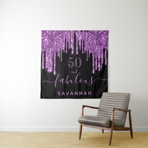 Fabulous birthday black purple glitter elegant 50 tapestry