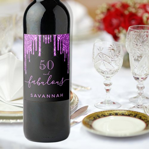 Fabulous birthday black purple glitter elegant 50 wine label