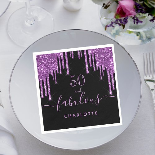 Fabulous birthday black purple glitter sparkle 50 napkins