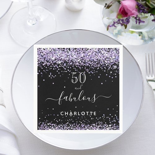 Fabulous birthday black purple glitter sparkle 50  napkins
