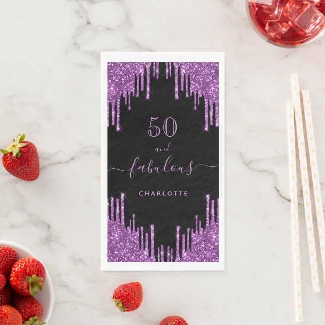 Fabulous birthday black purple glitter sparkle 50 paper guest towels (Insitu)