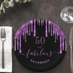 Fabulous birthday black purple glitter sparkle 50 paper plates<br><div class="desc">A trendy and glamorous 50th (or any age) birthday paper plate. A classic black background decorated with dark purple colored faux glitter drips, paint dripping look. With the text: 50 and fabulous. Personalize and add a name. Purple colored text. The word Fabulous is written with a modern hand lettered style...</div>