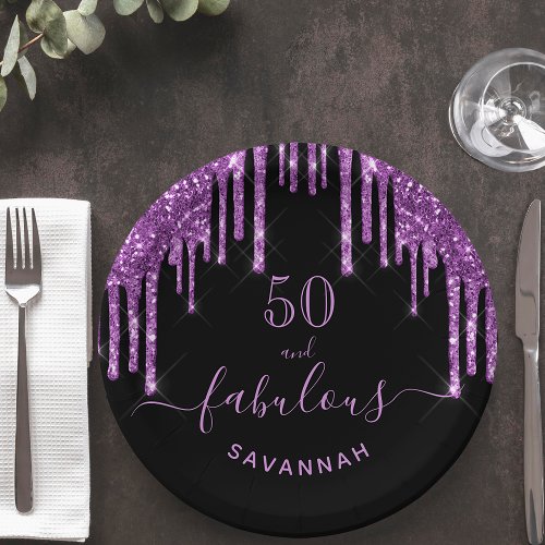 Fabulous birthday black purple glitter sparkle 50 paper plates