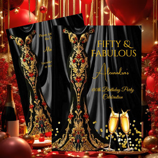 Fabulous Birthday Black Red Gold Dress Champagne Invitation