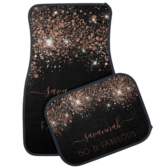 Fabulous birthday black rose gold glitter monogram car floor mat (Set)