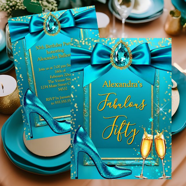 Fabulous Birthday Blue Teal Heel Champagne Gold Invitation (Creator Uploaded)