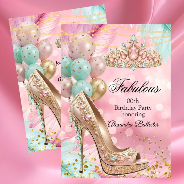 Fabulous birthday Blush Pink Teal Tiara Gold Heel Invitation (Creator Uploaded)