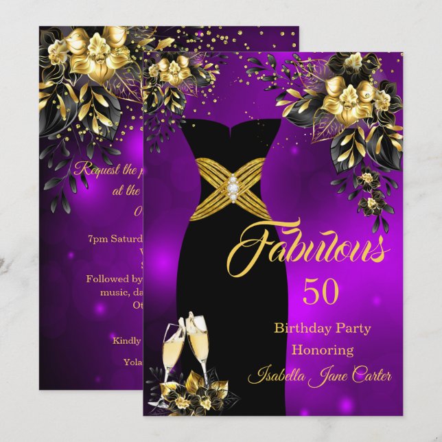 Fabulous Birthday Champagne Purple Gold Floral Invitation (Front/Back)