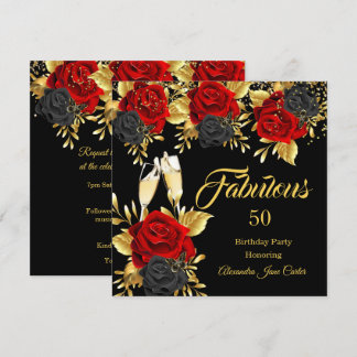 Fabulous Birthday Champagne Red Black Roses Gold Invitation