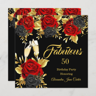 Fabulous Birthday Champagne Red Black Roses Gold Invitation