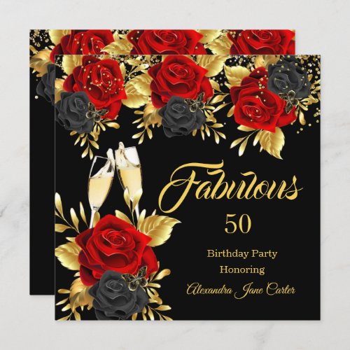 Fabulous Birthday Champagne Red Black Roses Gold  Invitation