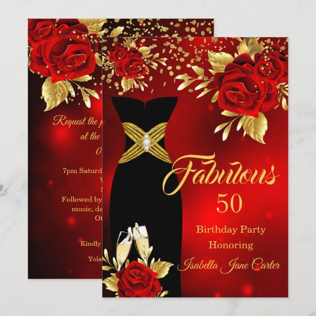 Fabulous Birthday Champagne Red Rose Gold Invitation (Front/Back)