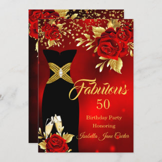 Fabulous Birthday Champagne Red Rose Gold Invitation