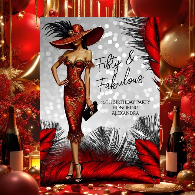 Fabulous Birthday Glamor Woman Red Black Dress Invitation (Creator Uploaded)