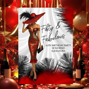 Fabulous Birthday Glamor Woman Red Black feathers Invitation
