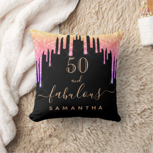 Fabulous birthday glitter black pink gold drips throw pillow
