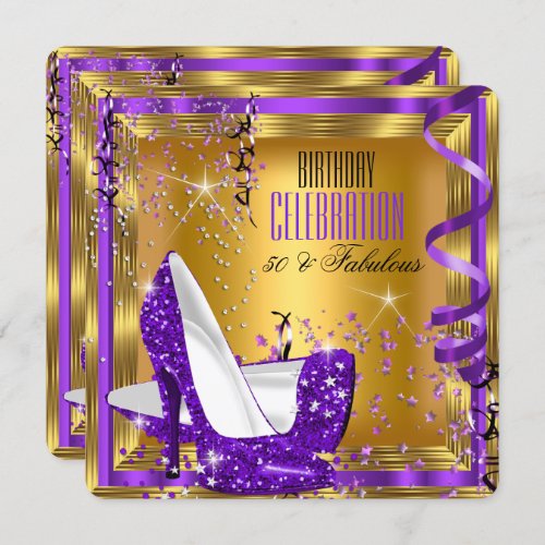 Fabulous Birthday Glitter Purple High Heels Gold 3 Invitation