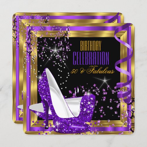 Fabulous Birthday Glitter Purple High Heels Gold 4 Invitation