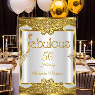 Fabulous birthday Gold White Pearls Golden Frame Invitation