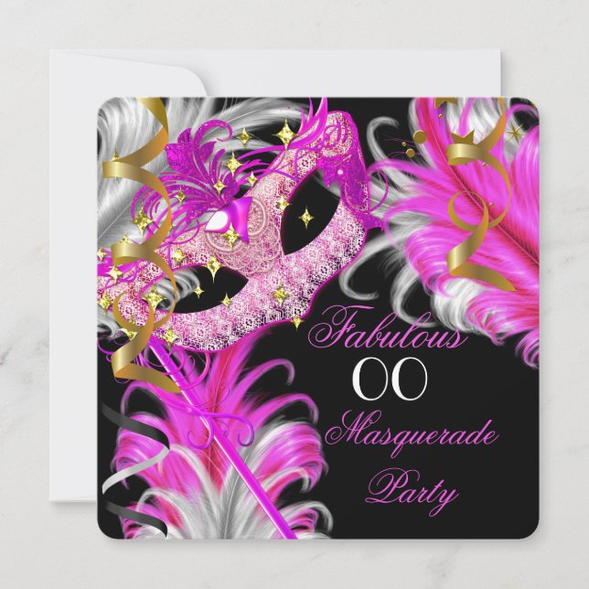 Fabulous Birthday Hot Pink Gold Masquerade Party Invitation (Front)