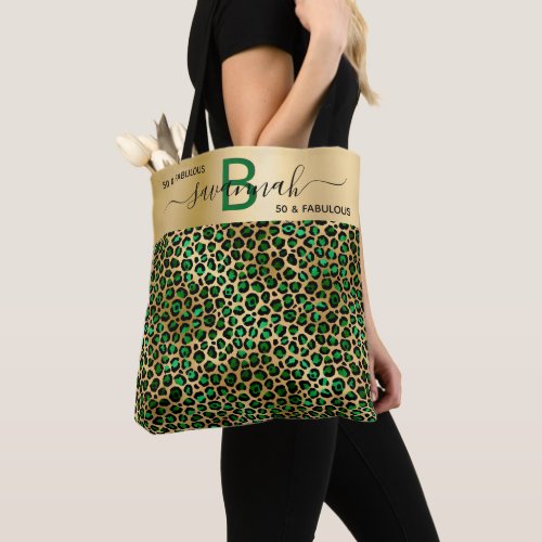 Fabulous birthday leopard emerald green gold name tote bag