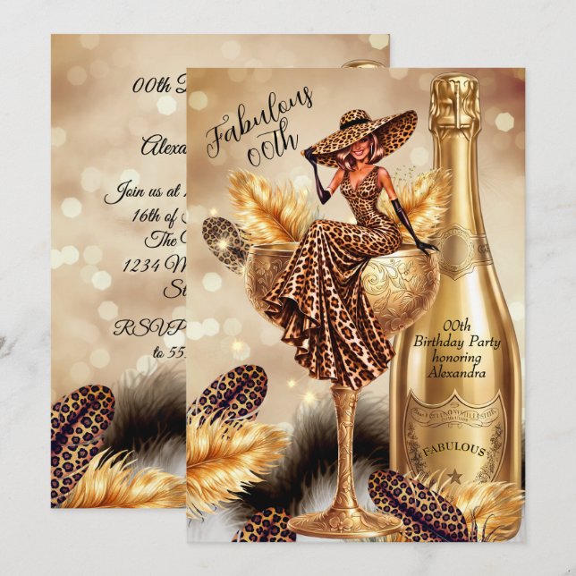 Fabulous Birthday Leopard Gold Champagne Goblet Invitation (Front/Back)