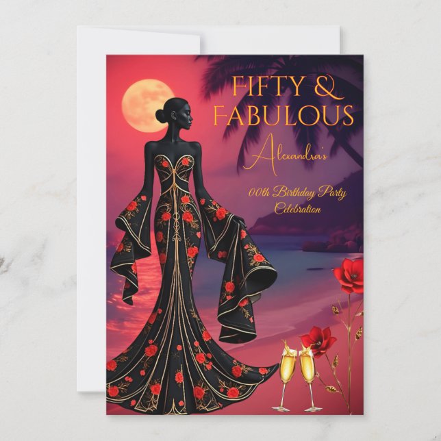 Fabulous Birthday Moonlight Beach Black Red Gold Invitation (Front)