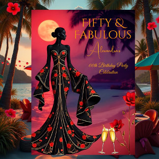 Fabulous Birthday Moonlight Beach Black Red Gold Invitation