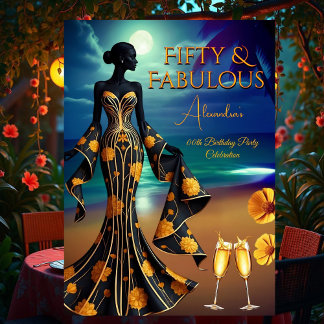 Fabulous Birthday Moonlight Beach Yellow Gold Blue Invitation