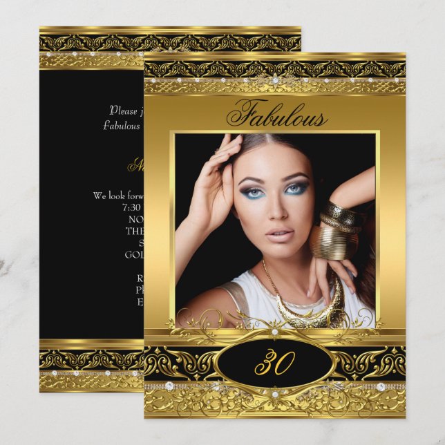 Fabulous Birthday Party Black Gold Floral Photo 2 Invitation (Front/Back)
