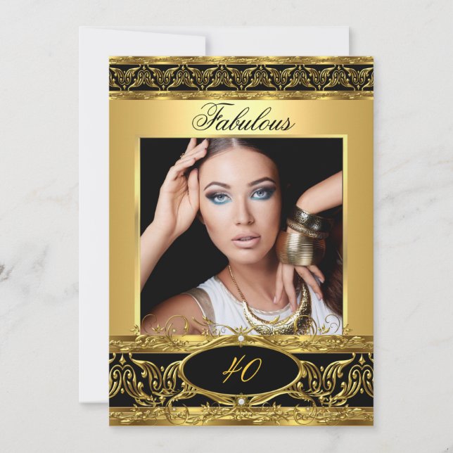 Fabulous Birthday Party Black Gold Floral Photo 3 Invitation (Front)