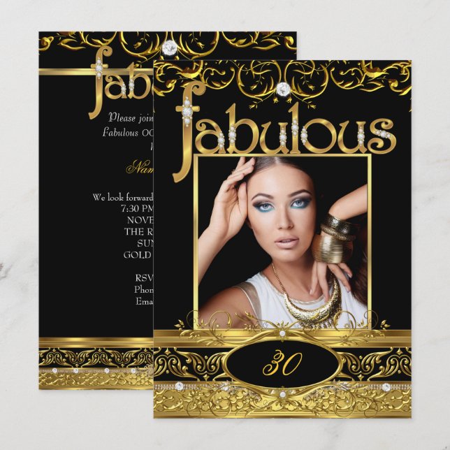 Fabulous Birthday Party Black Gold Floral Photo A Invitation (Front/Back)