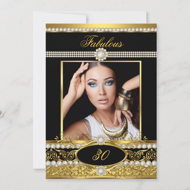 Fabulous Birthday Party Black Gold Glam Photo Invitation (Front)