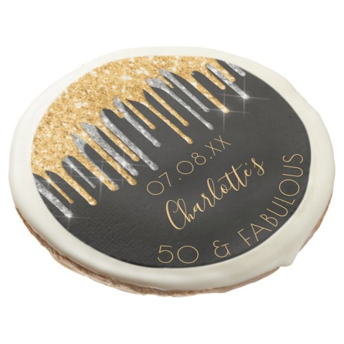 Fabulous birthday party black gold glitter silver sugar cookie