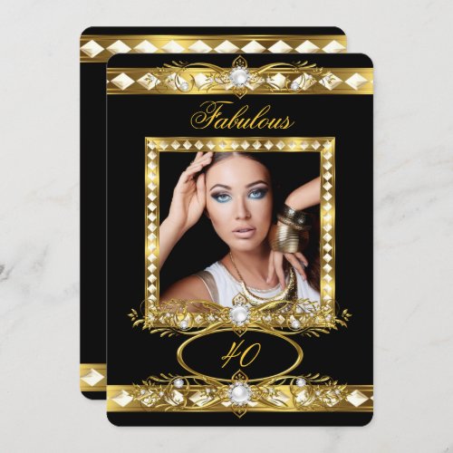 Fabulous Birthday Party Pearl Black Gold Photo 2 Invitation