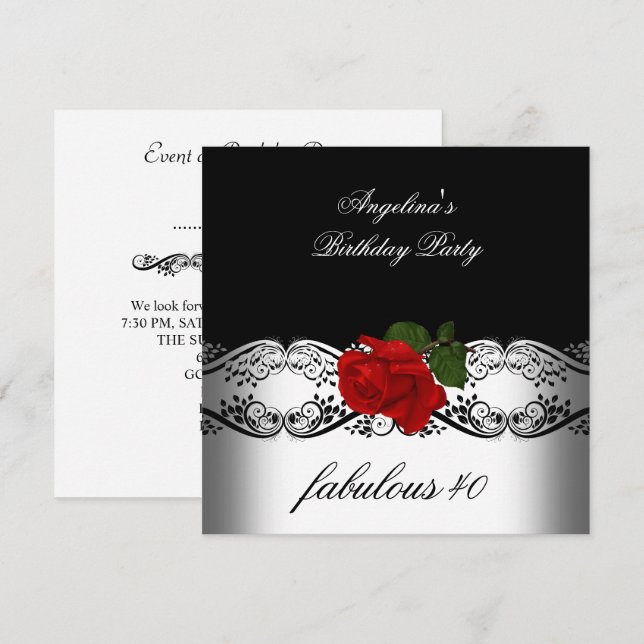 Fabulous Birthday Party Roses Red Black White Invitation (Front/Back)